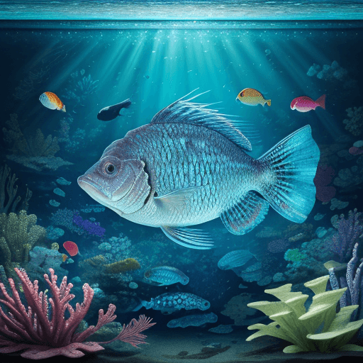 AI generated: Blackchin tilapia, detailed scales, vibrant underwater scene, clear blue water, aquatic plants, real...