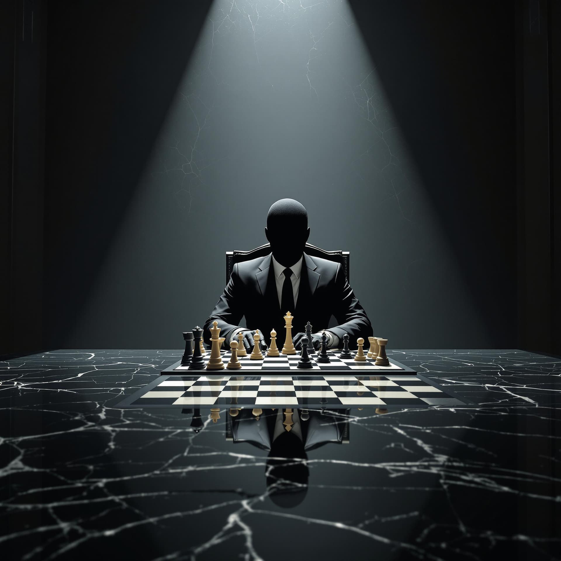 AI generated: full front view of a shadowy man in a business suit sitting at a desk with a chessboard in front of ...