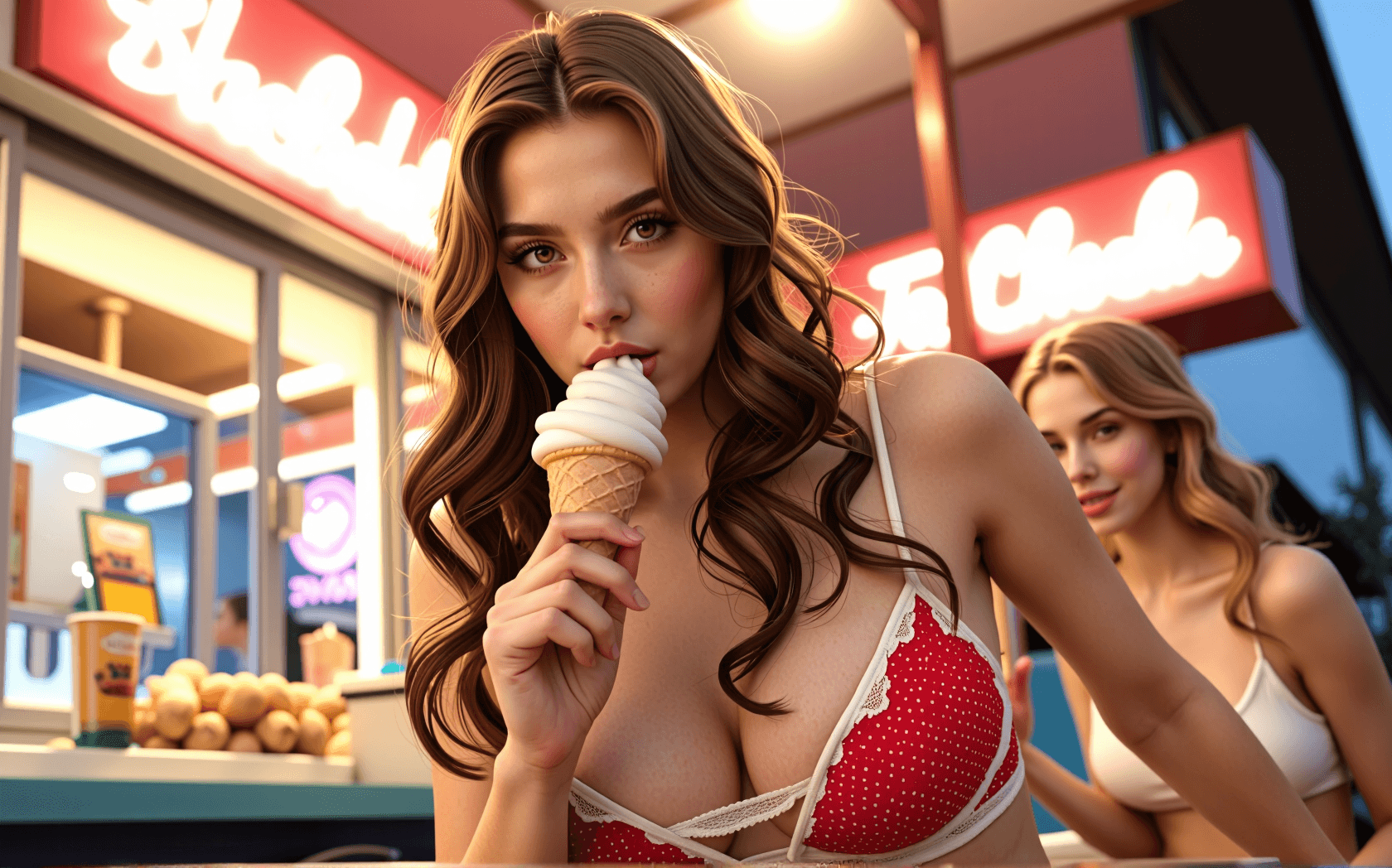 AI generated: A radiant, sun-drenched summer scene at a neon-lit ice cream stand, with a confident young woman fro...