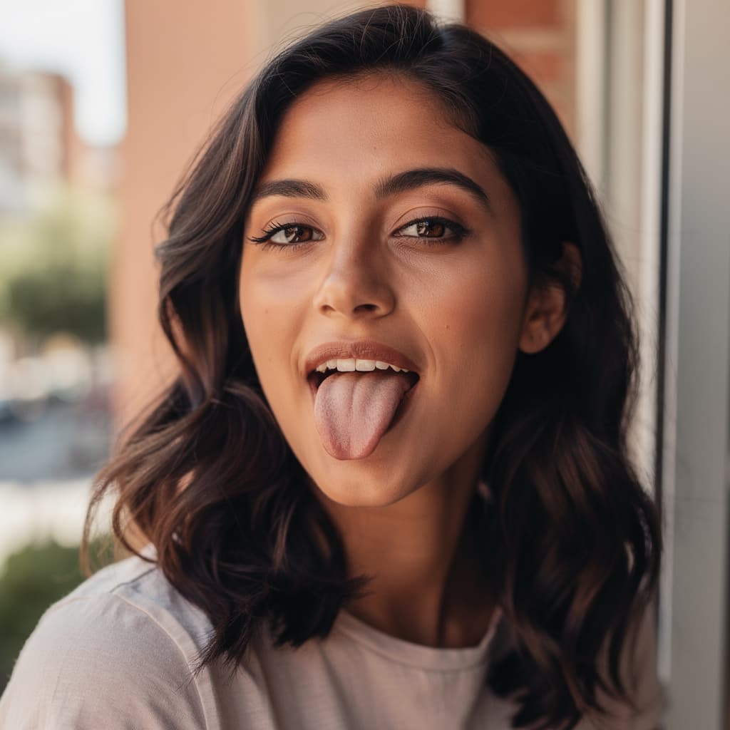 AI generated: Argentinian woman with her tongue sticking out. 