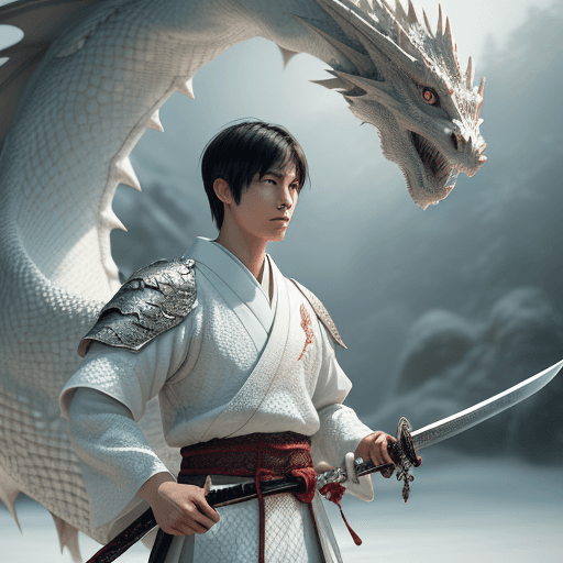 AI generated: A young man, 25 years old, holding a sword, dressed in traditional Japanese white attire, with a coo...