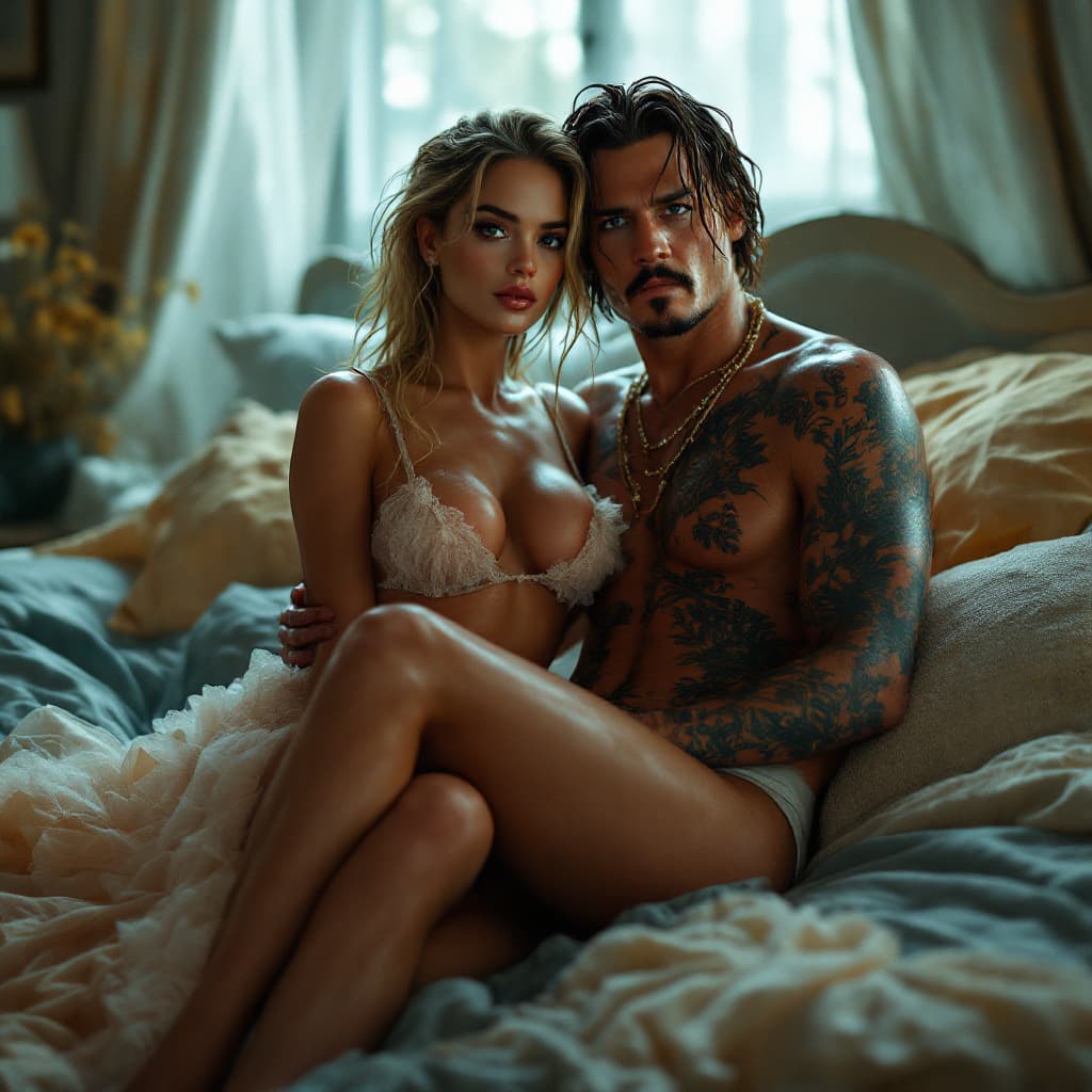 AI generated: full body , fantasy, Margot Elise Robbie and John Christopher Depp II,she's clad in tulle pajamas,he...