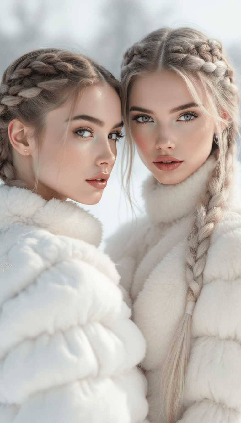AI generated: fashion photoshoot of 2 Siberian women with braided hair, wearing a white haute couture puffy dress,...