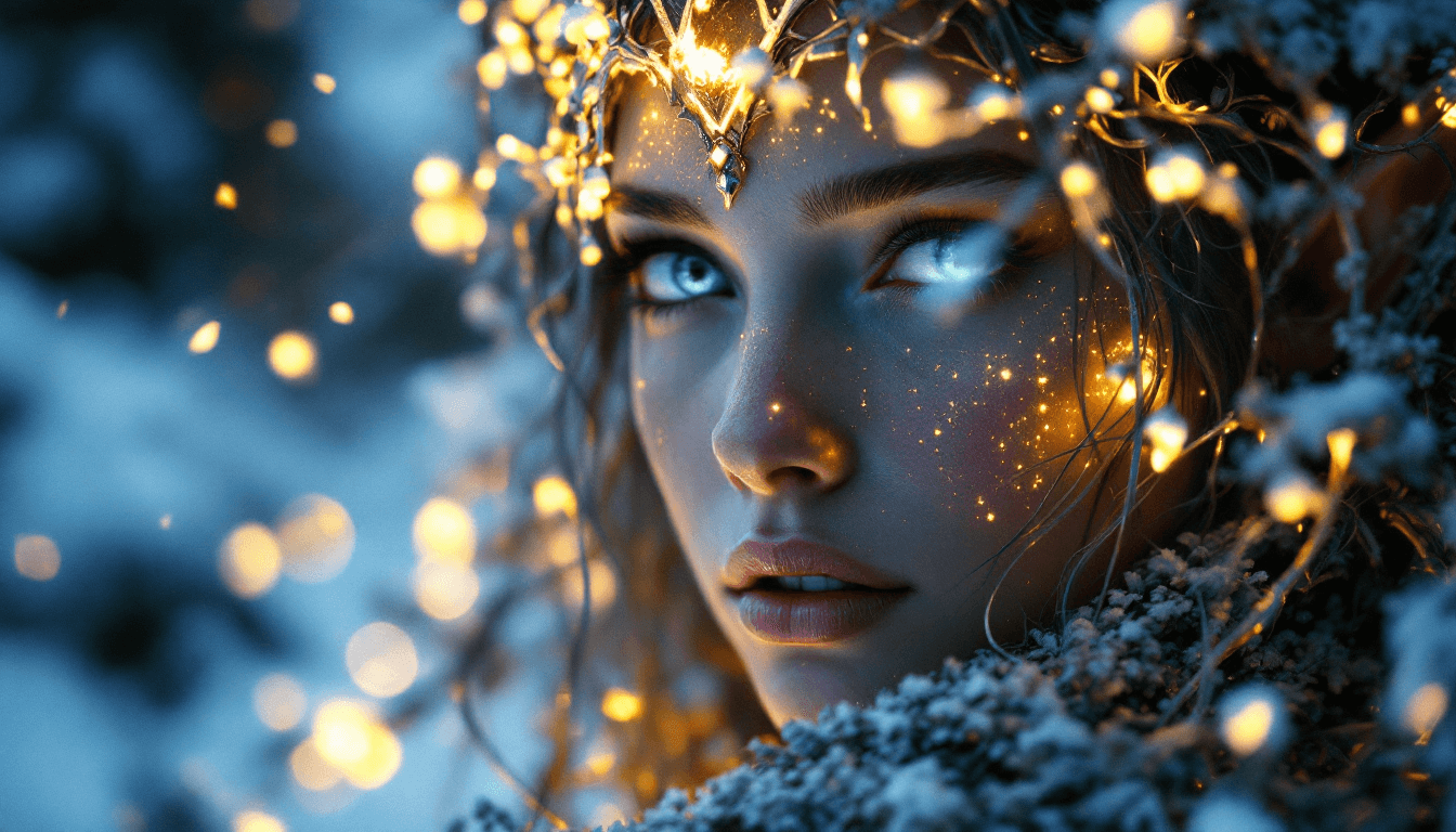 AI generated: A majestic elf face illuminated by the soft glow of luminescent plants, exuding an atmosphere of anc...