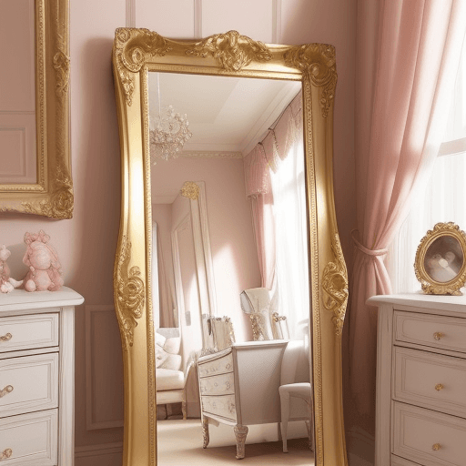 AI generated: image of gold detailed floor length mirror in a girls bedroom. 

