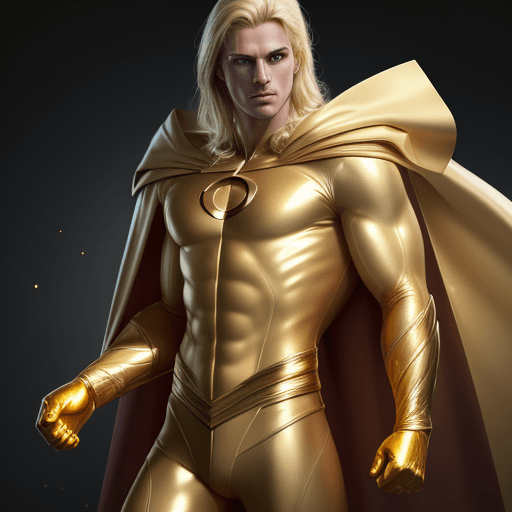 AI generated: male super hero named champion blond hair, no symbol, skin tight gold suit, gold cape, gold gloves, ...