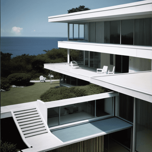 AI generated: Hyper realistic eye level exterior photo of a mid century modern style house overlooking the ocean, ...