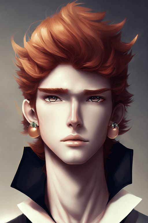 AI generated: beautyful boy, anime face, black blazer clothes, ginger hair bangs, earrings, male, arm in neck ,by ...