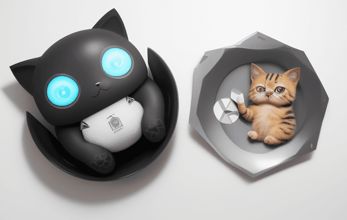 AI generated: Cute Baby cat with huge eyes, sad eyes, holding a Flat lay mockup of [a futuristic metal sign] (with...