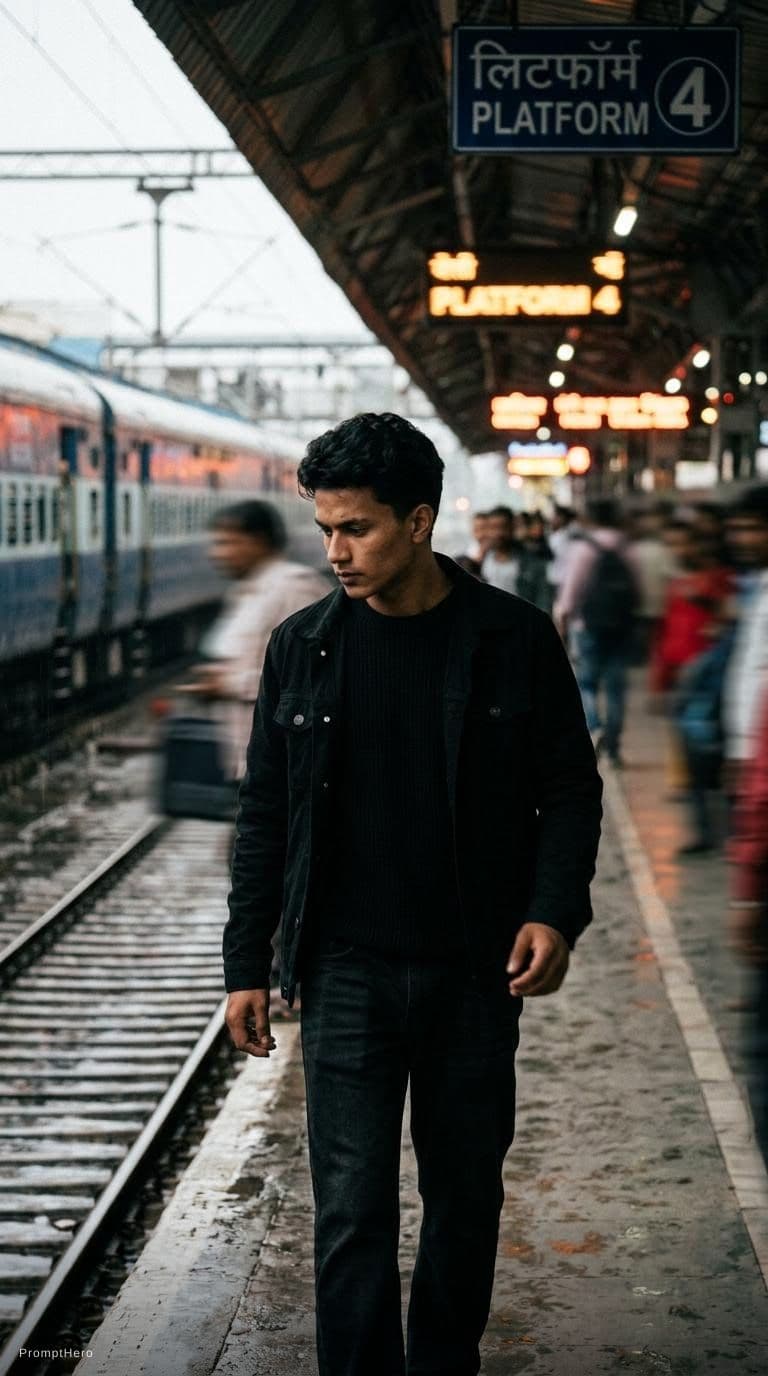 AI generated: fashion editorial photography, motion blur, male model, wearing a all black outfit,walking in a indi...