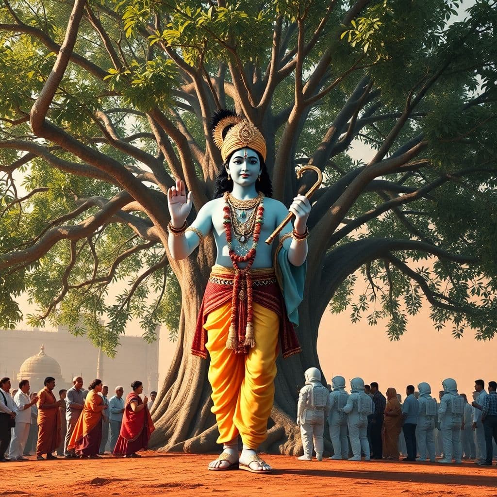 AI generated: Lord Shri Krishna standing in front of huge pipal tree, holding a flute in his right hand below the ...