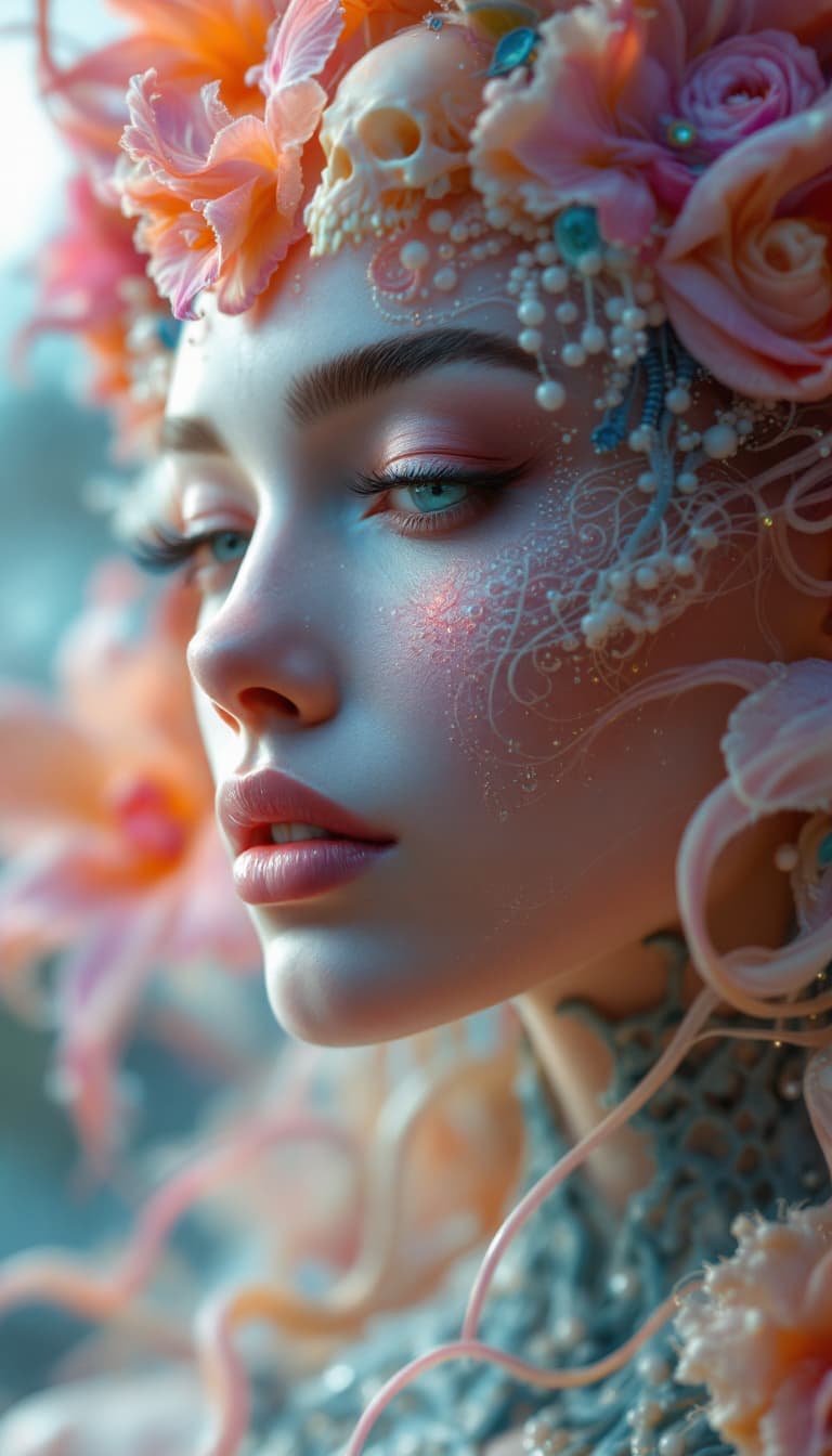 AI generated: Goddess close-up portrait ribcagel. jellyfish phoenix head, nautilus, orchid, skull, betta fish, bio...