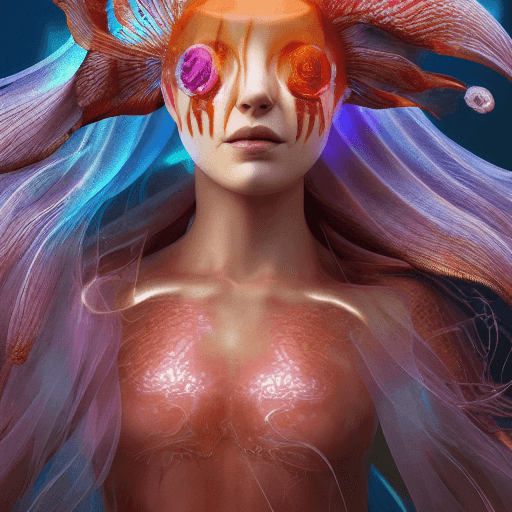AI generated: Goddess close-up portrait ribcagel. jellyfish phoenix head, nautilus, orchid, skull, betta fish, bio...