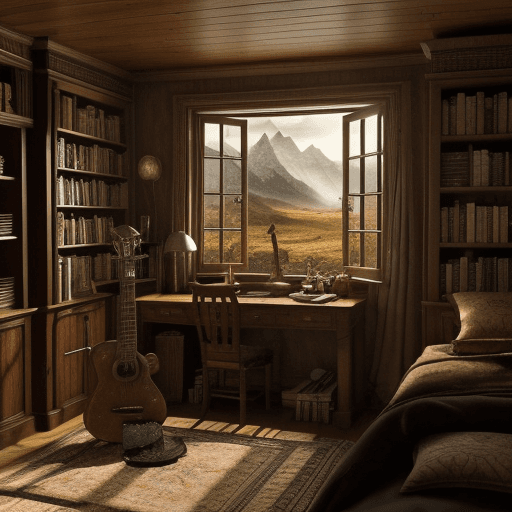 AI generated: Interior view of an elvish (from Lord of the Rings) style room. The room contains a desk with books,...
