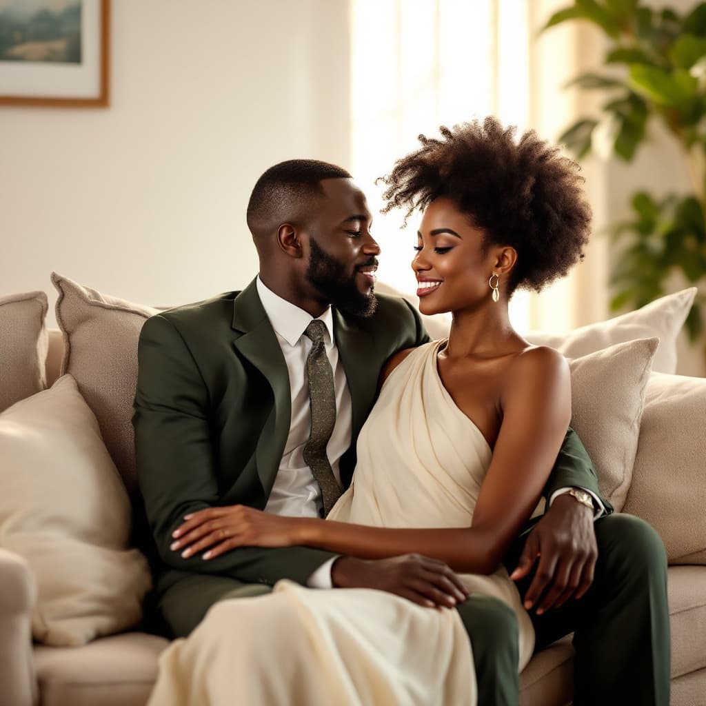 AI generated: A loving Black African couple sits closely on a neutral-toned couch in a warmly lit living room, gaz...