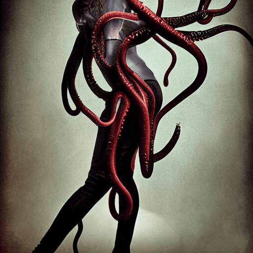 AI generated:  photorealism photograph depicts a woman with iron tentacles sticking out from behind the back futur...