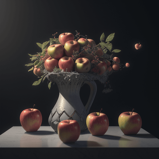 AI generated: 3D render conceptual stilllife with Sony digital camera with chromatic apples flying around the came...
