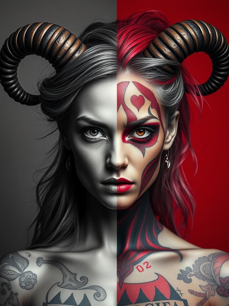 AI generated: A portrait of a woman with horns, split into two contrasting halves. One side is grayscale with intr...