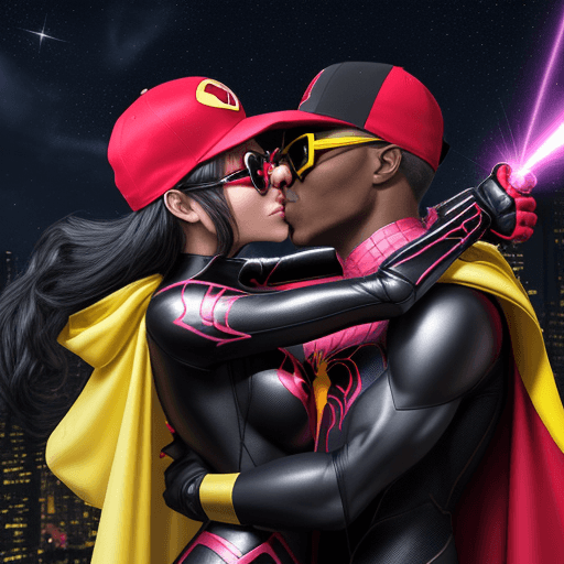 AI generated: a spider cat-woman female superhero with a pink lazer whip IS KISSING A A BLACKMAN in a red baseball...