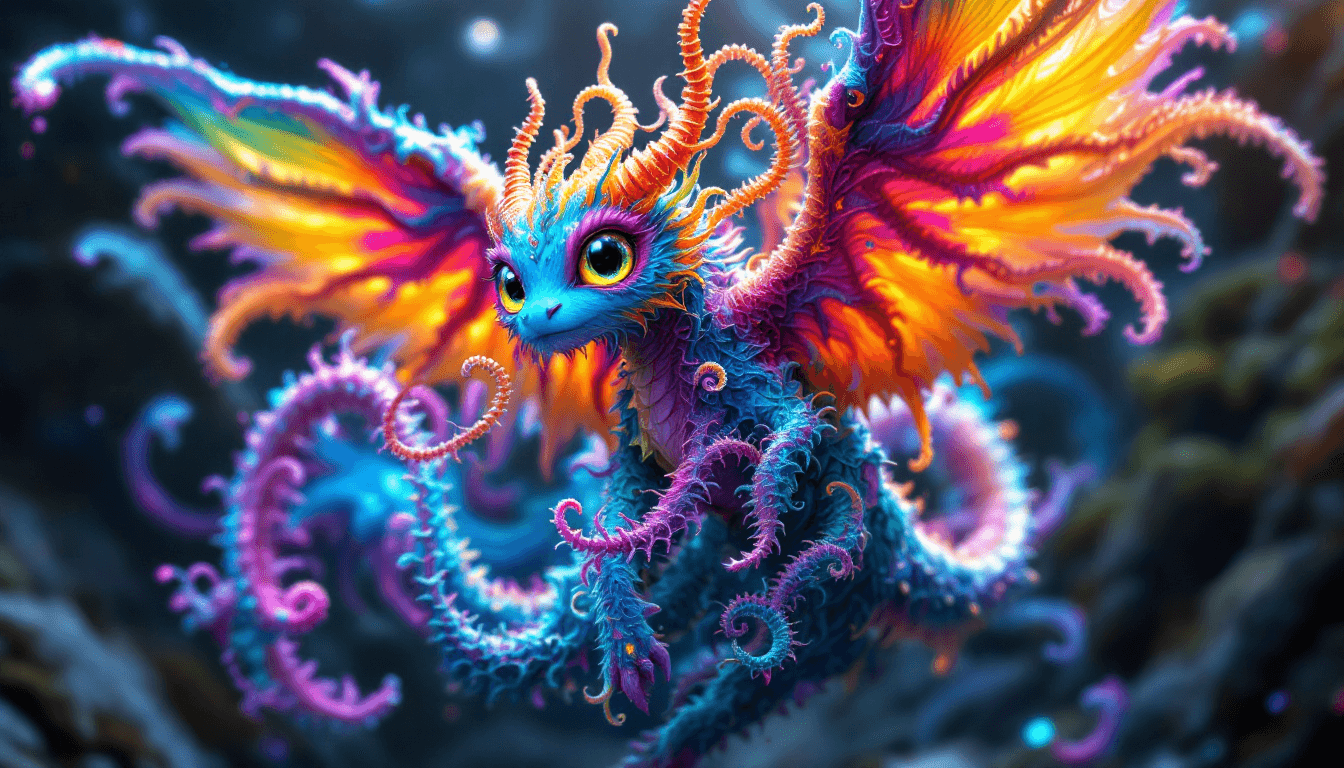 AI generated: full body dof render of a winged mythical creature made of detailed spiraling fractals and tendrils,...