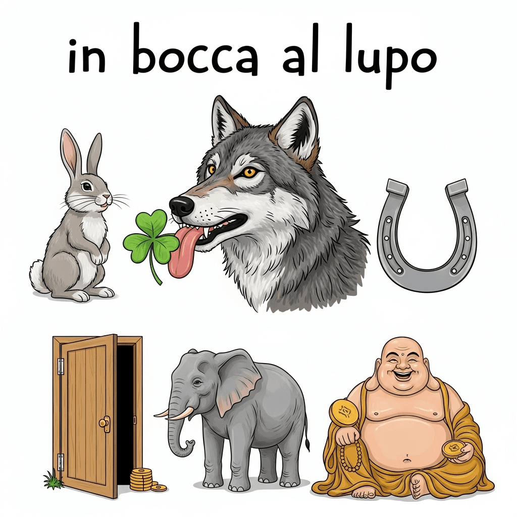 AI generated: I'm looking for a humorous and ironic illustration based on the Italian expression "in bocca al lupo...