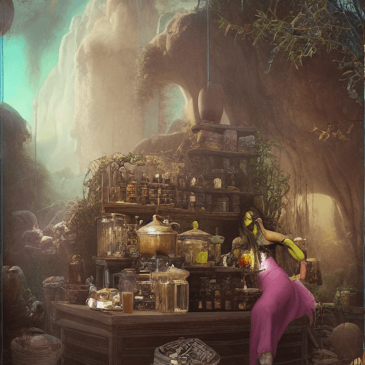AI generated: potent potions apothecary, roadside popcorn monster,  by tom bagshaw as ruan jia  as lemonade guns, ...