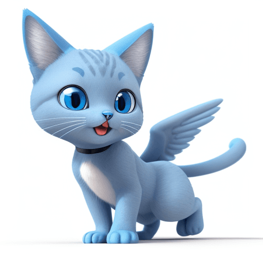AI generated: A cute blue cat with 2 wings, blue eyes, wearing binoculars. Multiple flying poses and expressions, ...