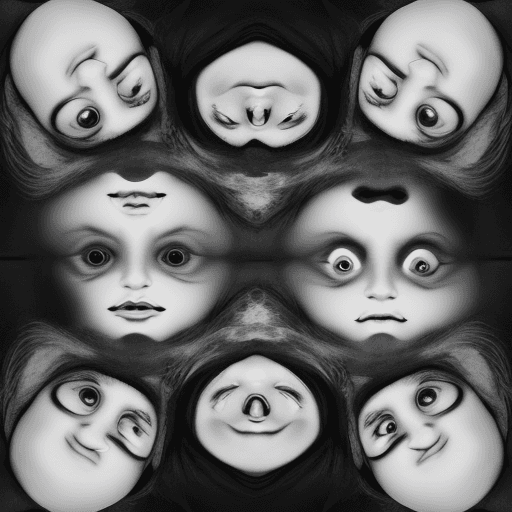 AI generated: black and white. distorted, many faces staring at you, they upside down and under some angle, number...