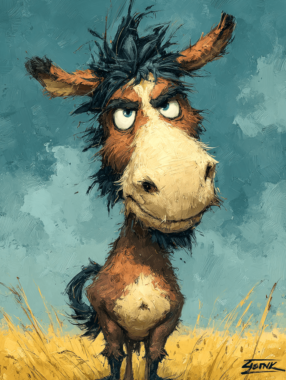 AI generated: funny caricature, cheeky horse caricature, anthropomorphic horse, ageless, brown fur, mischievous sm...