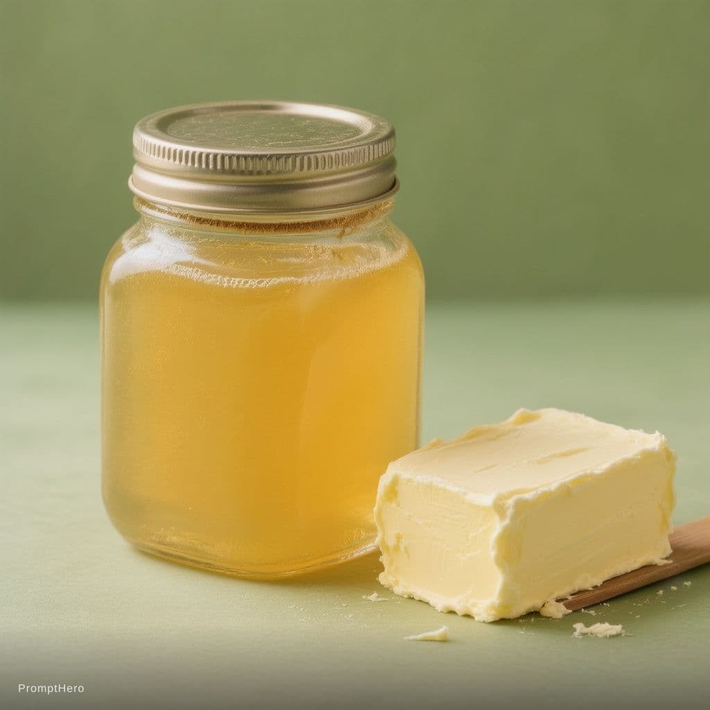 AI generated: Honey jar and butter , minimalist, green background