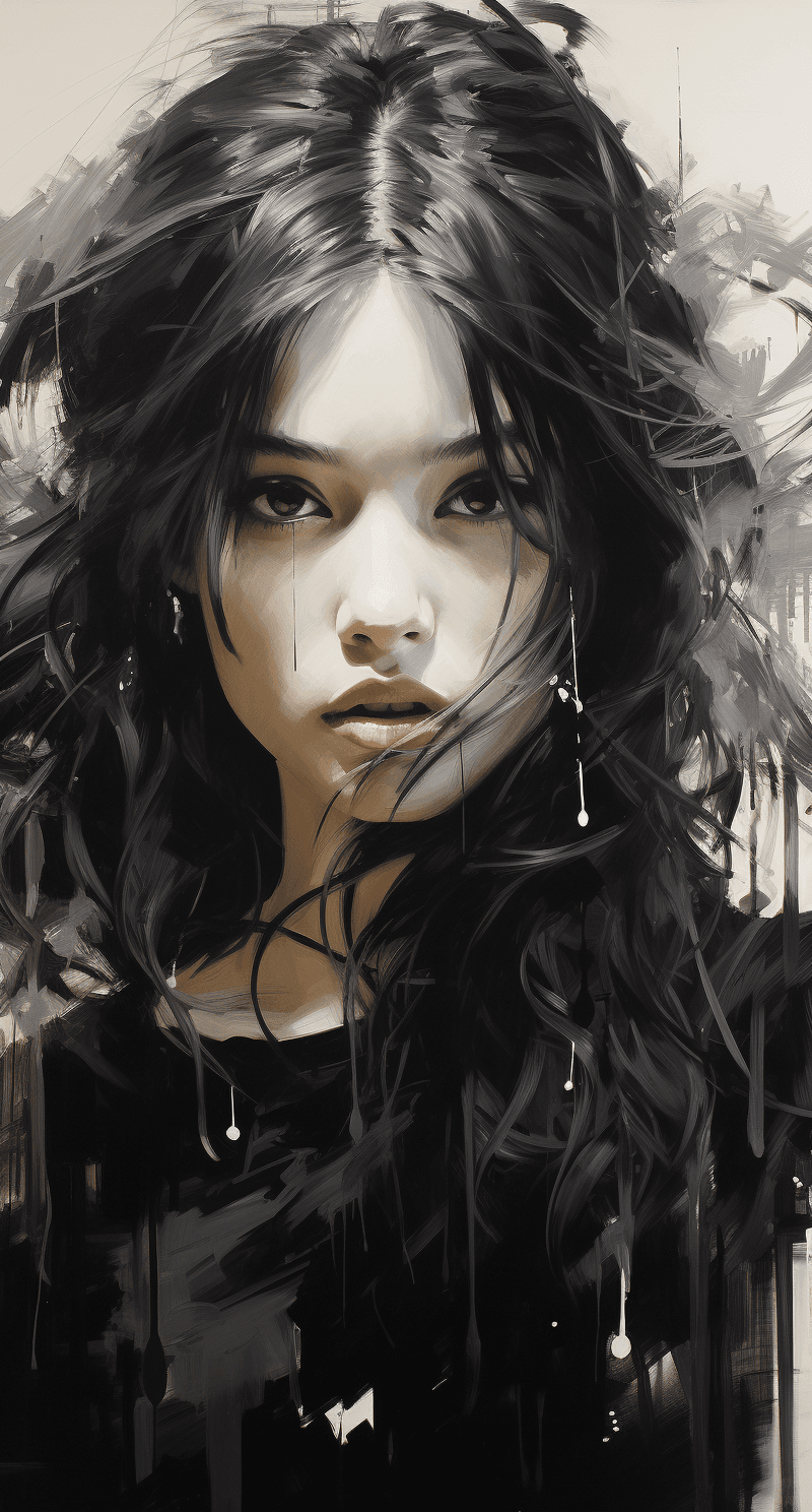 AI generated: this painting has a beautiful girl with long hair, in the style of russell dongjun lu, expressive bl...