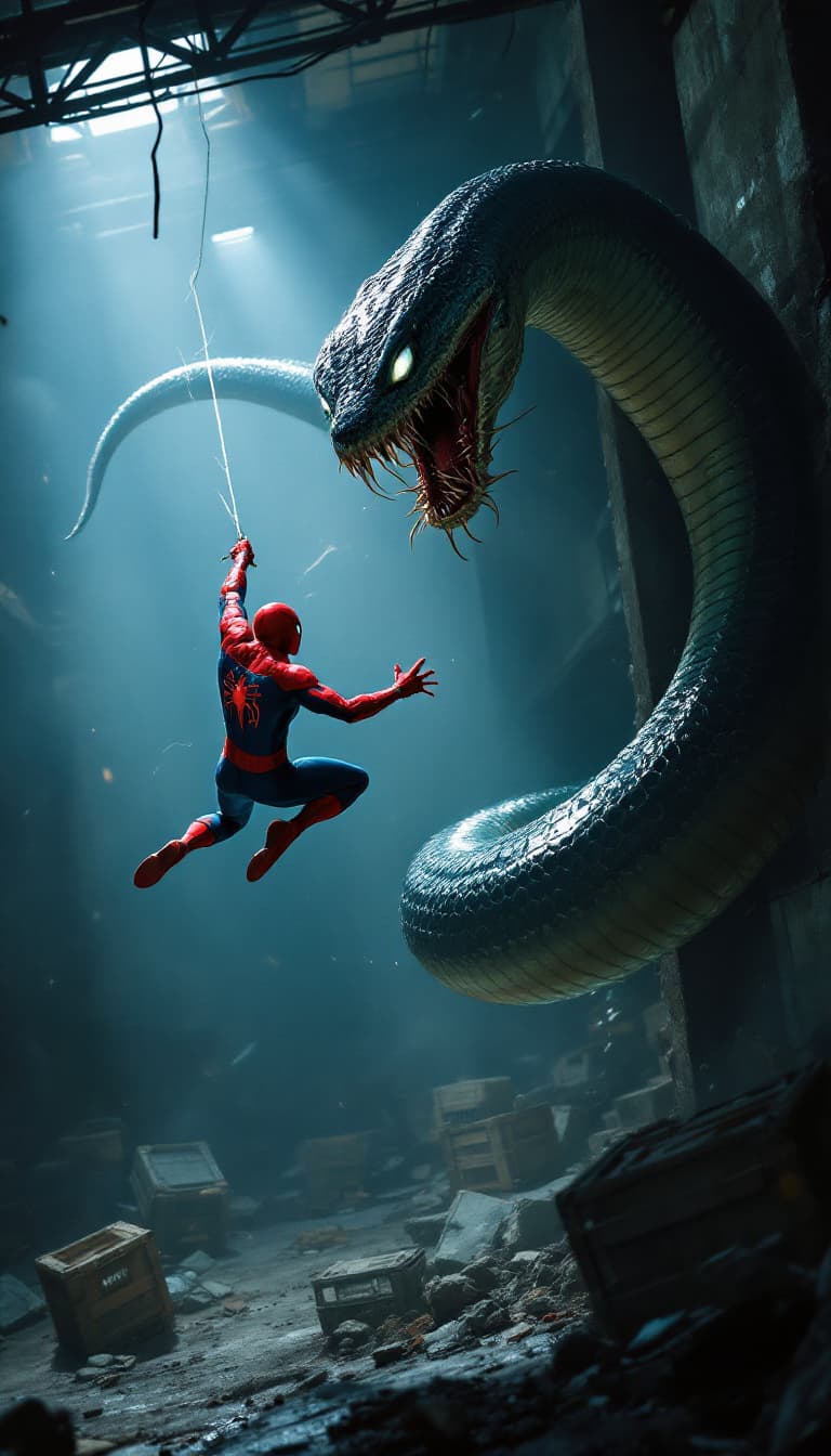 AI generated: Spider-Man in an epic battle against a massive Snake Monster in a dark, urban setting. The scene is ...