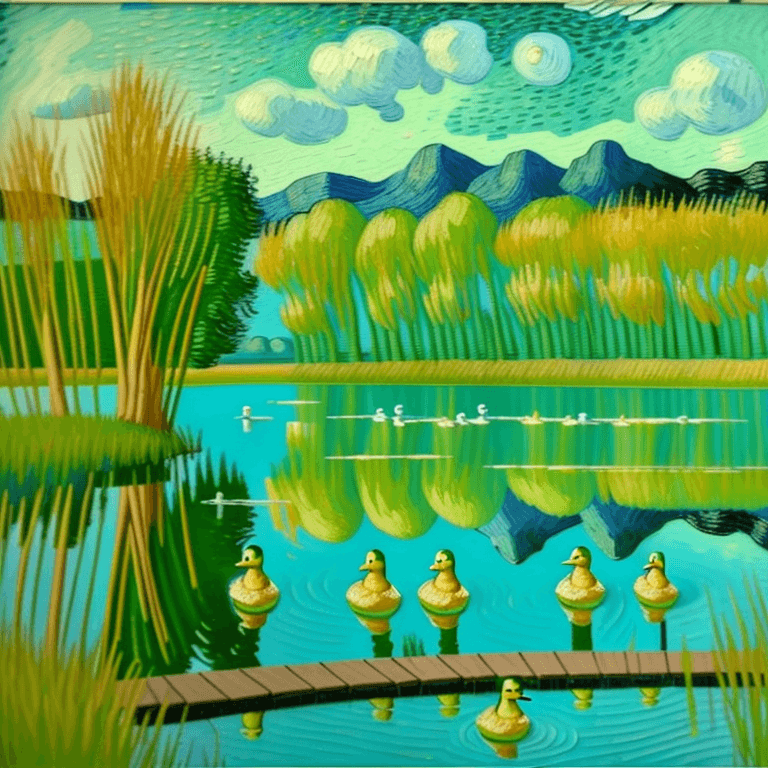 AI generated: lake with ducks, oil painting, Van Gogh style