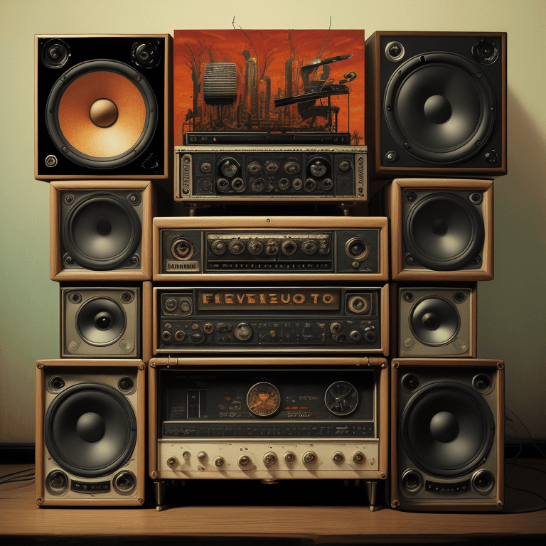 AI generated: music Album cover picture, surreal art oil picture, radio, speaker, music instruments