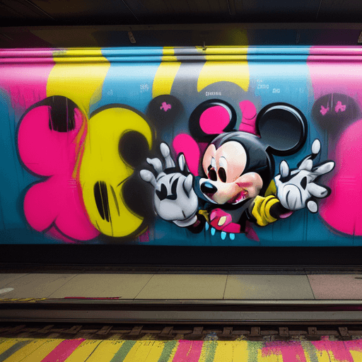 AI generated: Mickey Mouse is engraved on subway car as (bold graffiti:1.2) (spray paint:1.3) art. The subway trai...