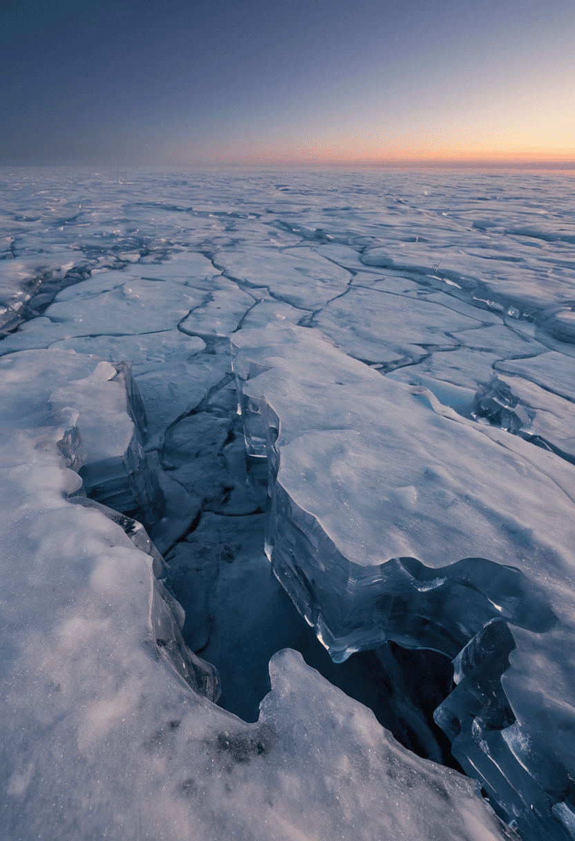 AI generated: highres,realistic,Tundra ice fields under early morning twilight. Root-like structures grow from the...