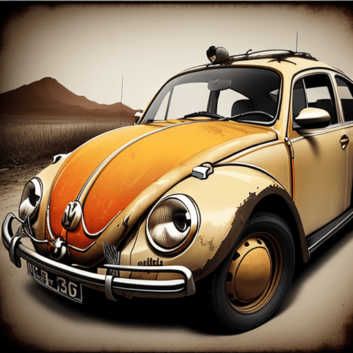 AI generated: vw beetle vintage poster, in the style of rustic simplicity, gritty reportage, kombuchapunk, rusty d...