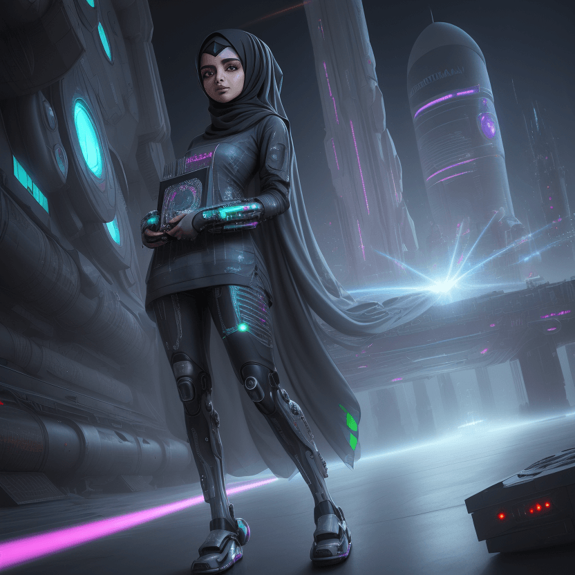 AI generated: Hijabi cute girl with cyberpunk prosthetics, with QURAN, in islamic dress, long hair, Spaceship insi...