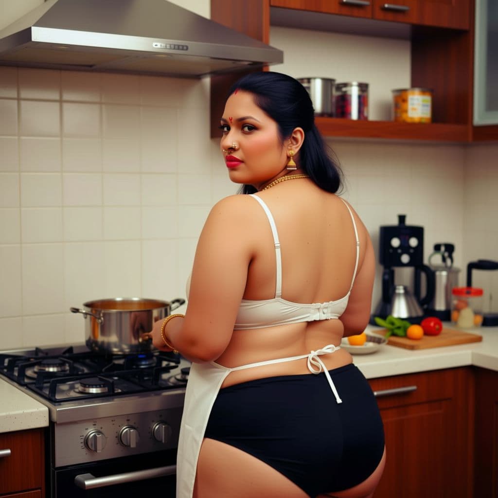 AI generated: hot glamour young indian aunty wearing only blouse without saree Only on bra working in kitchen  and...