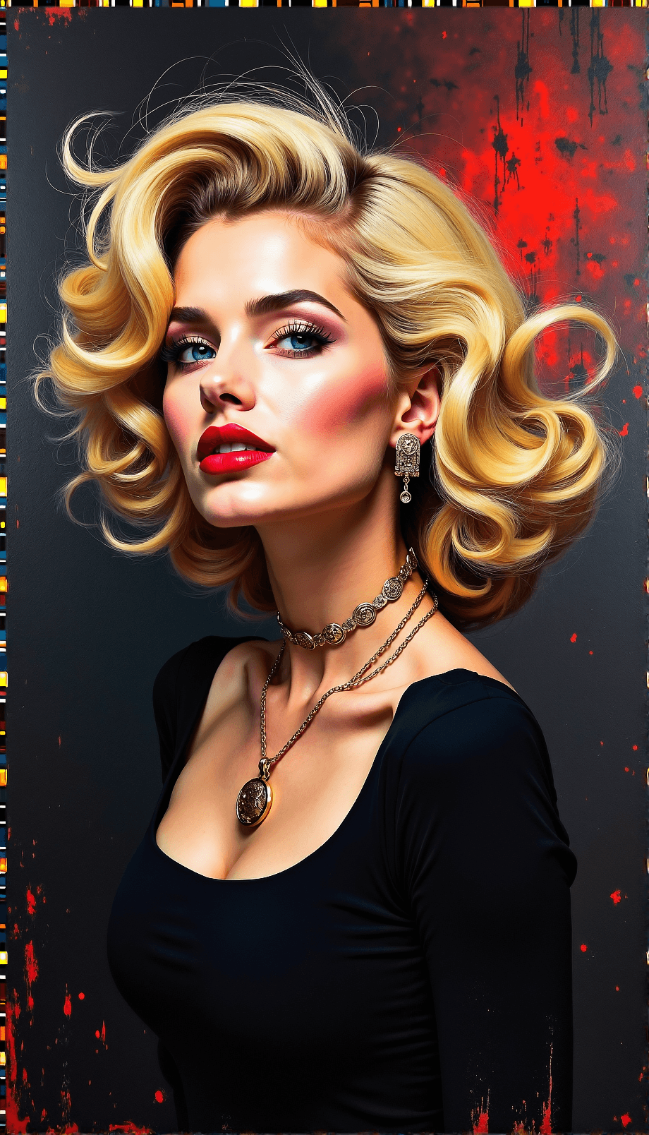 AI generated: The image is a vibrant and expressive painting of a woman with a striking appearance. The background...