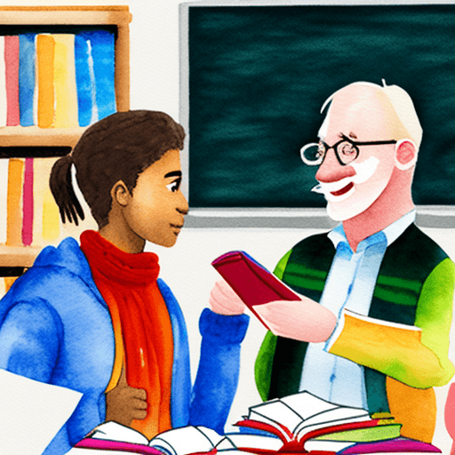 AI generated: college student speaking with middle-aged professor on campus about reading, sharing books, colourfu...