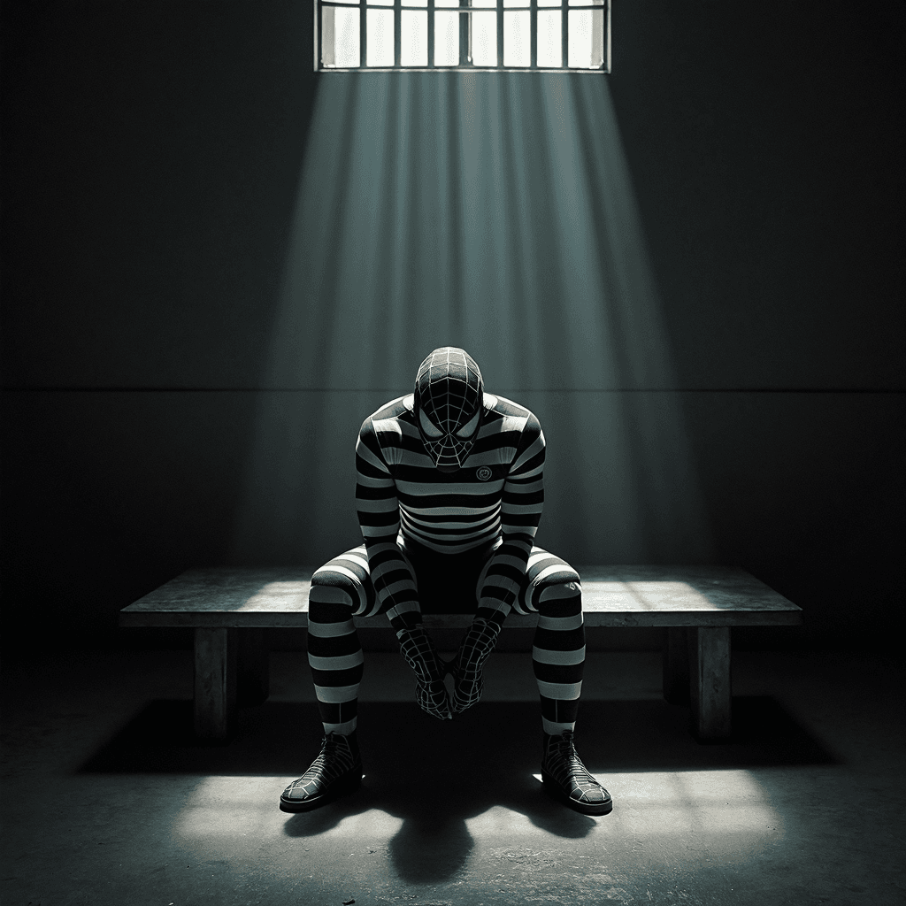 AI generated: Spider-Man sits hunched on a cold metal bench in a dimly lit prison cell, his iconic suit now transf...