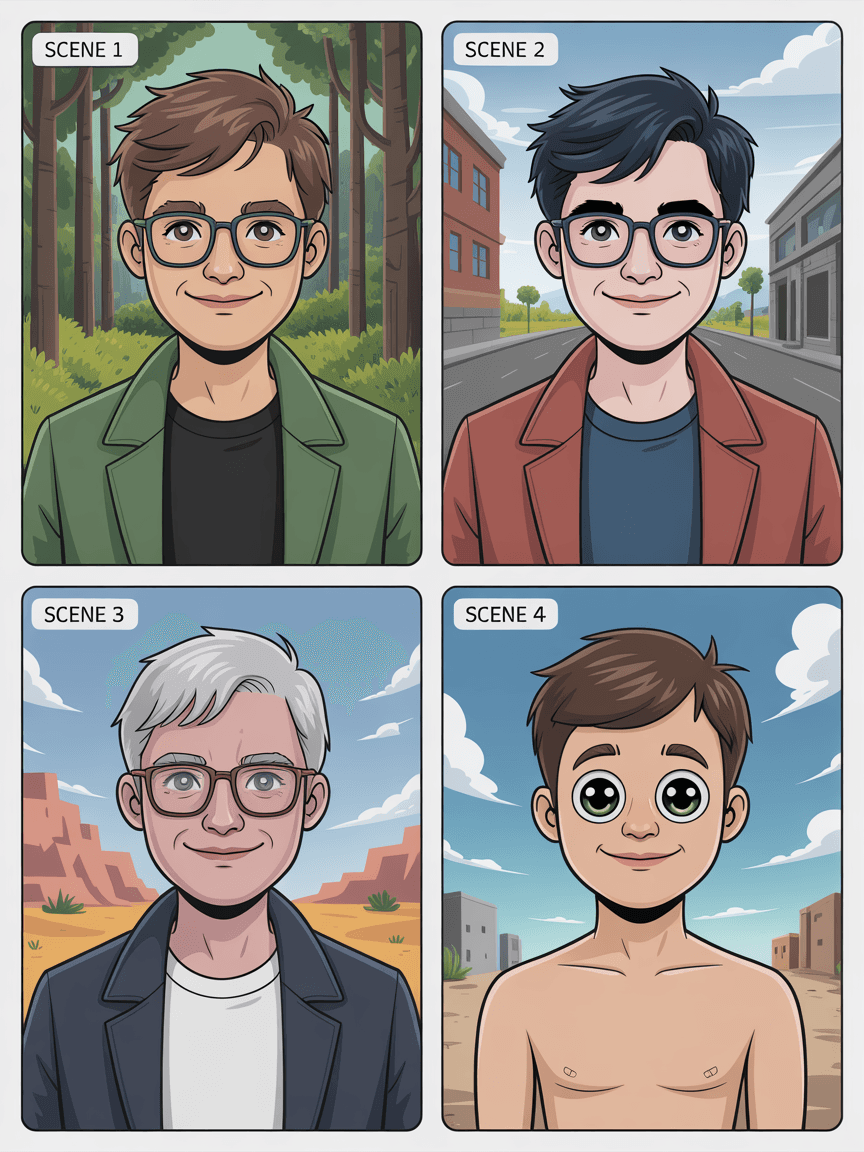 AI generated: "A series of four portrait panels showing the same character in different AI-generated styles, but w...