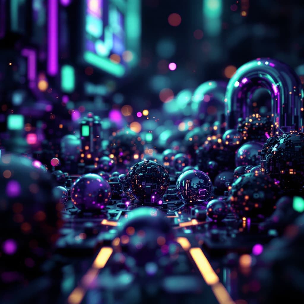 AI generated: futuristic, cyberpunk aesthetic, particles, big data, products , purple green accents, soft diffused...