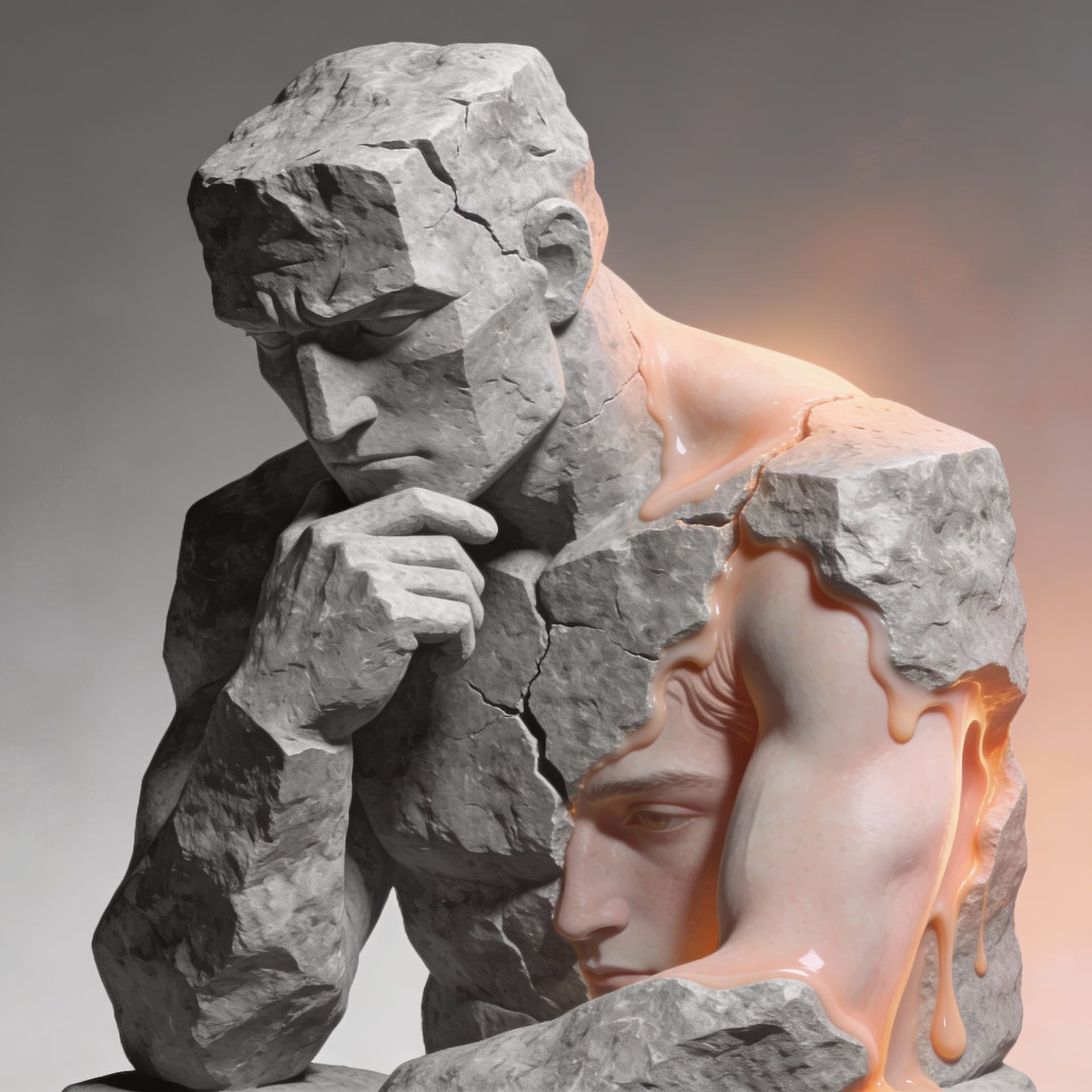 AI generated: a drawing of a stone men thinking transforming in a human 
