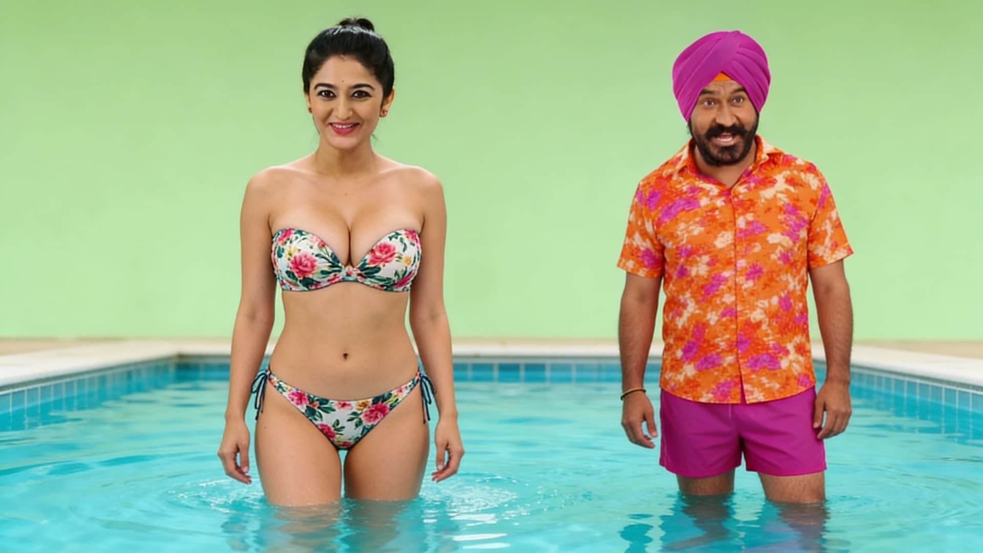 AI generated: The Women wearing a strapless floral print hot bikini bust size 36d and standing in swimming pool wi...
