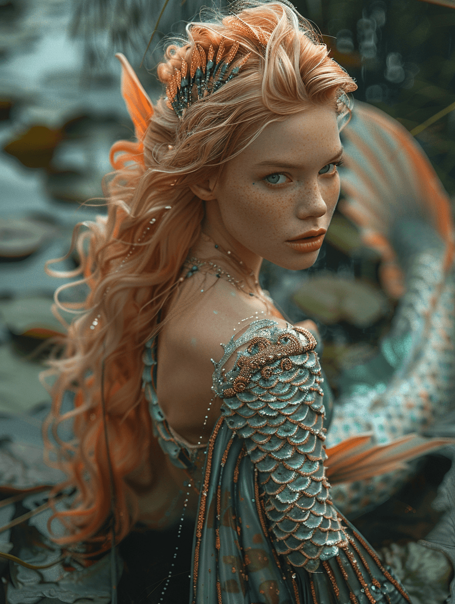 AI generated: Close up Fantasy photography, a beautiful mermaid with the tail of a dragon swims through seaweed, g...