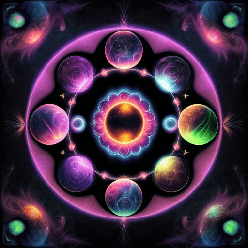 AI generated: Black light poster with heliocentric theme, cosmic spirals in vibrant colors, forest with glowing fl...