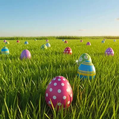 AI generated video: A captivating animated scene presents a vibrant green field adorned with countless colorful Easter e...