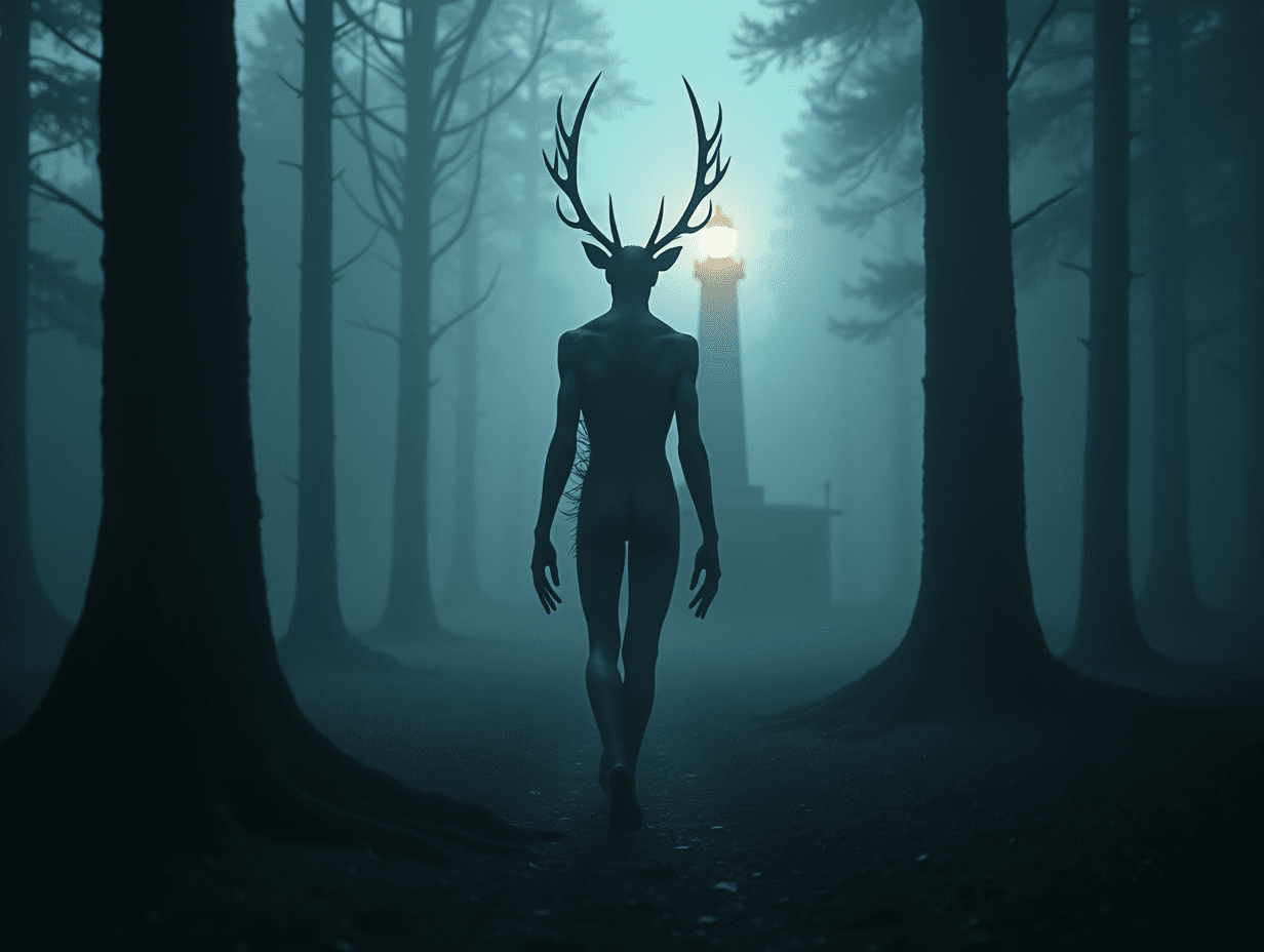 AI generated: skinwalker with antlers walking through a foggy dark forest scenario, a lighthouse behind the forest...